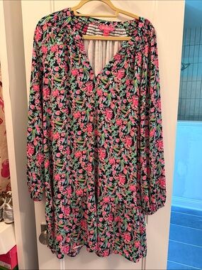 Lilly Pulitzer Navy Pink Green Floral Long-Sleeve Tunic Dress